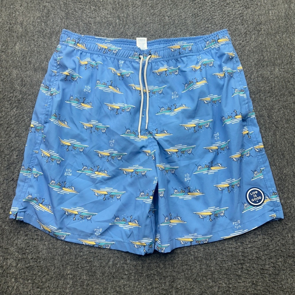 Life Is Good Mens Swim Trunks Size Large Blue Boating Print Mesh Lined Resort